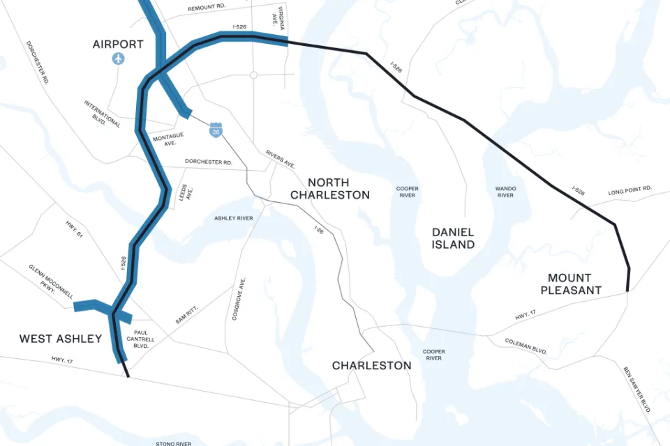 A map of the planned West I-526 Lowcountry Corridor project in North Charleston, South Carolina.